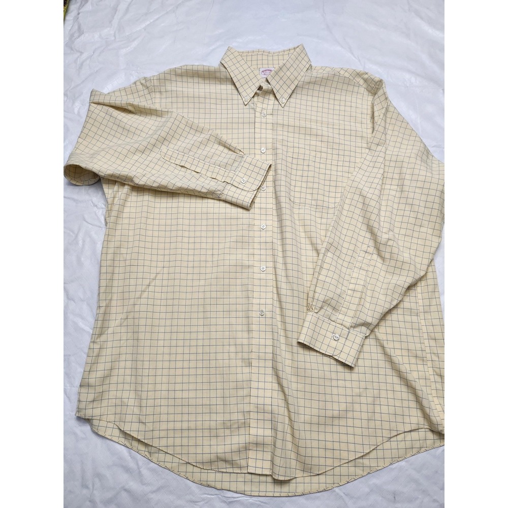 Brooks Brothers Shirt Mens 17.5 Yellow Check Non Iron Traditional Fit Windowpane
